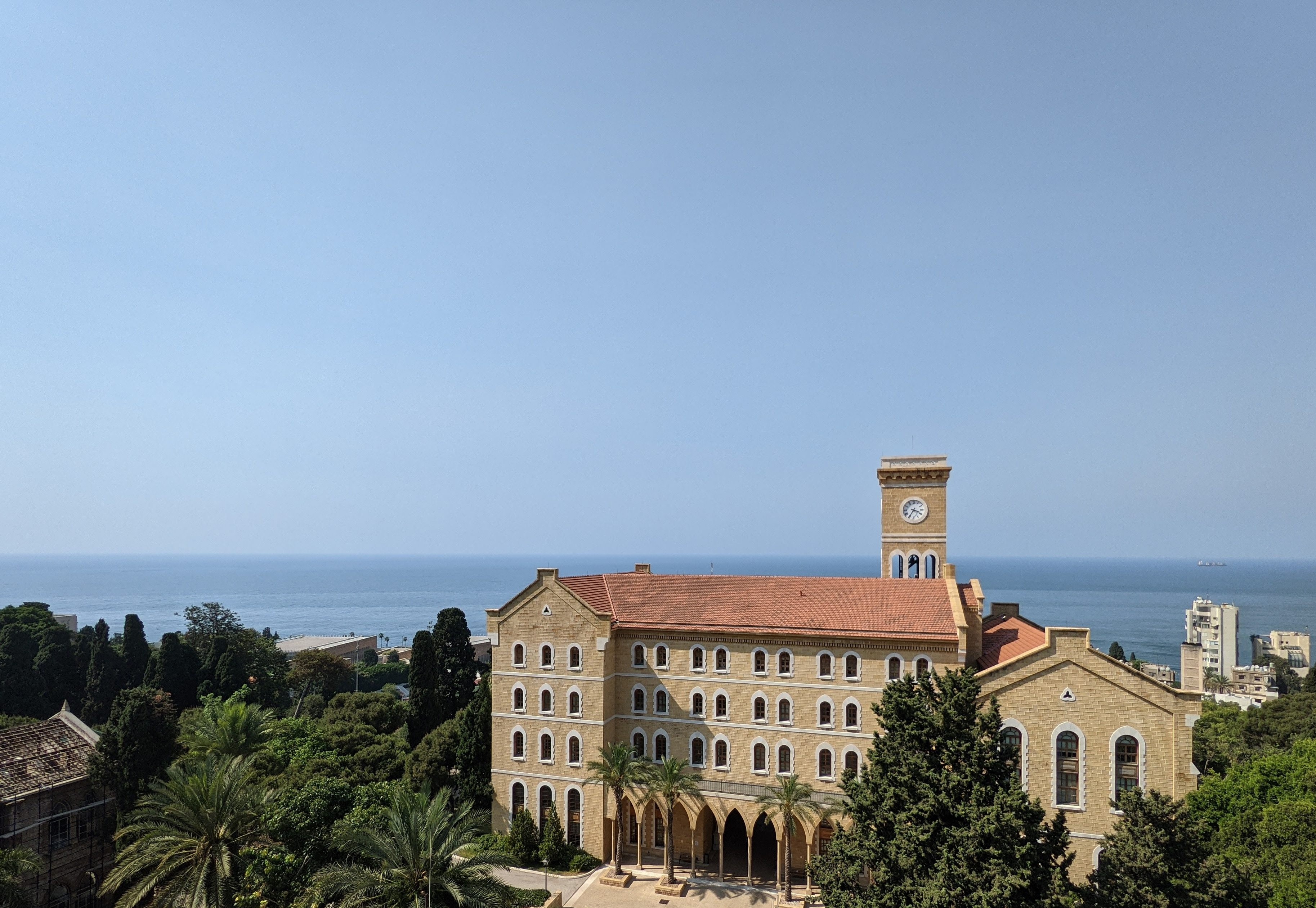 The American University of Beirut clocktower and the Mediterranean from the upper floors