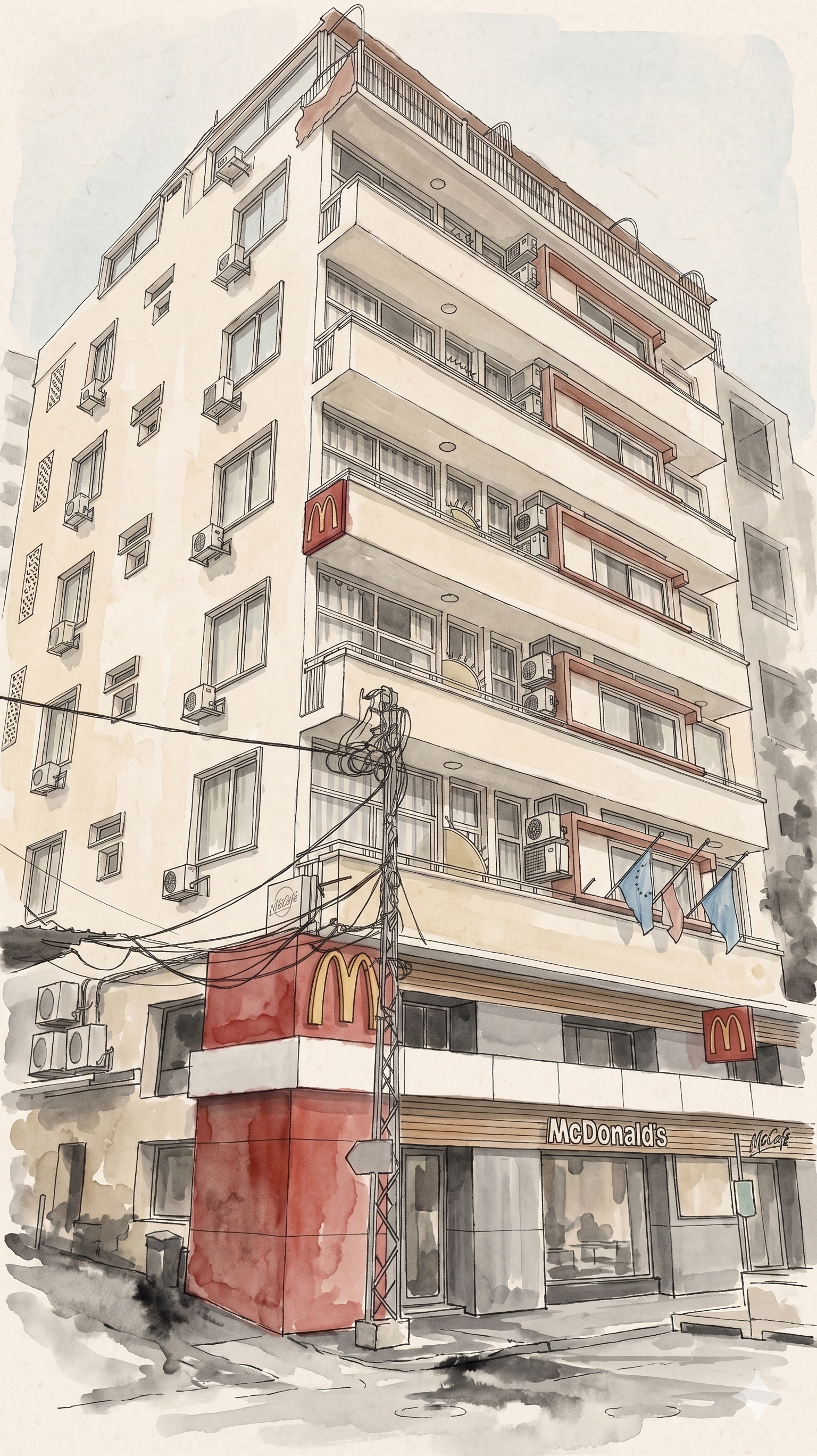 Ink-wash illustration of the University Hotel building on its corner, with the McDonald's at street level